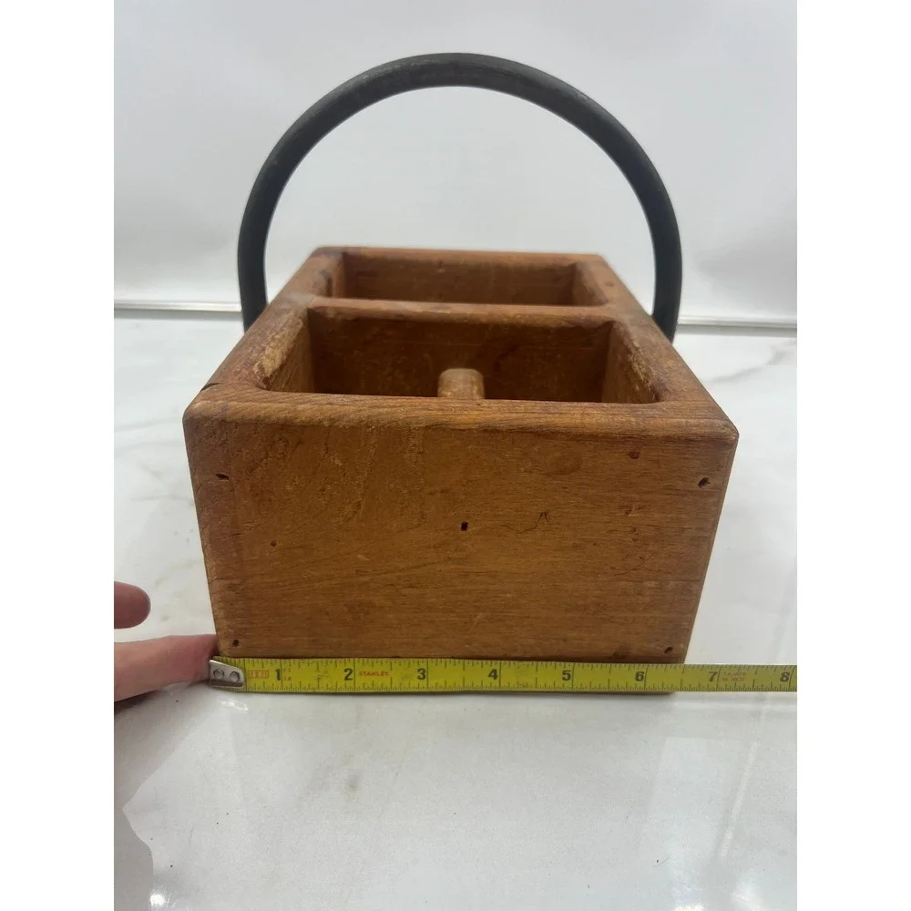 Vintage Rustic Wooden Caddy 3 Compartment Organizer with Metal Handle Farmhouse
